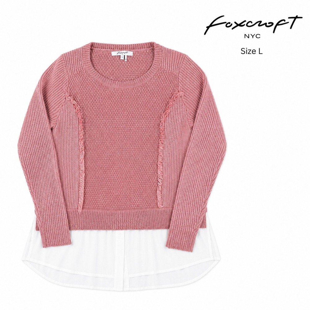 Foxcroft NYC Layered Sweater Womens L Pink Faux Shirt Hem Knit Fringe Pullover